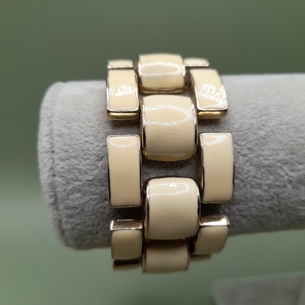 Vintage Cream Enamel Wide Articulated Bracelet, Gold Tone, 1980s, 7 1/2 In